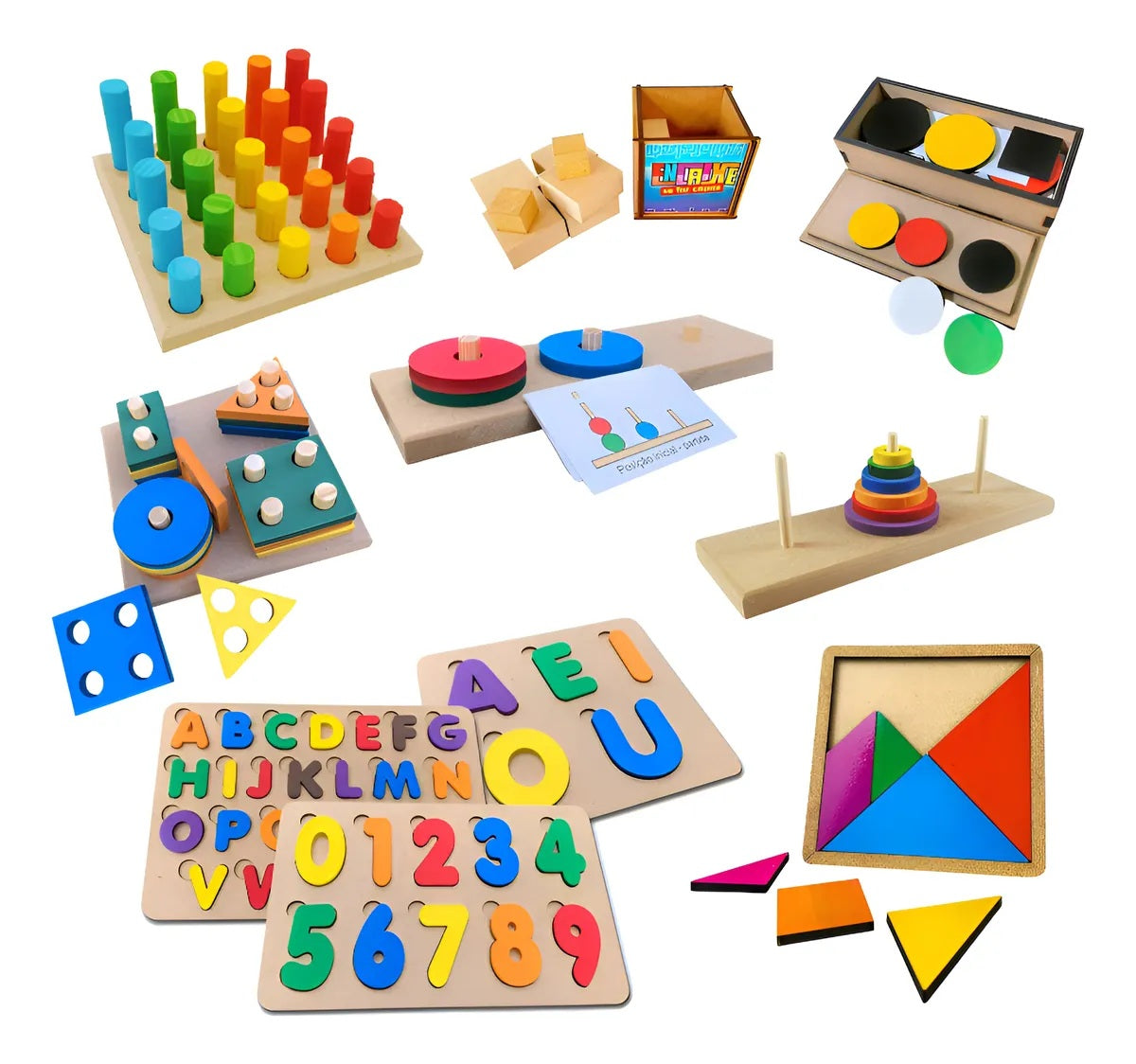 Kit 10 Brinquedos Educativo Infantil em Madeira e EVA Pedagógico Lúdico