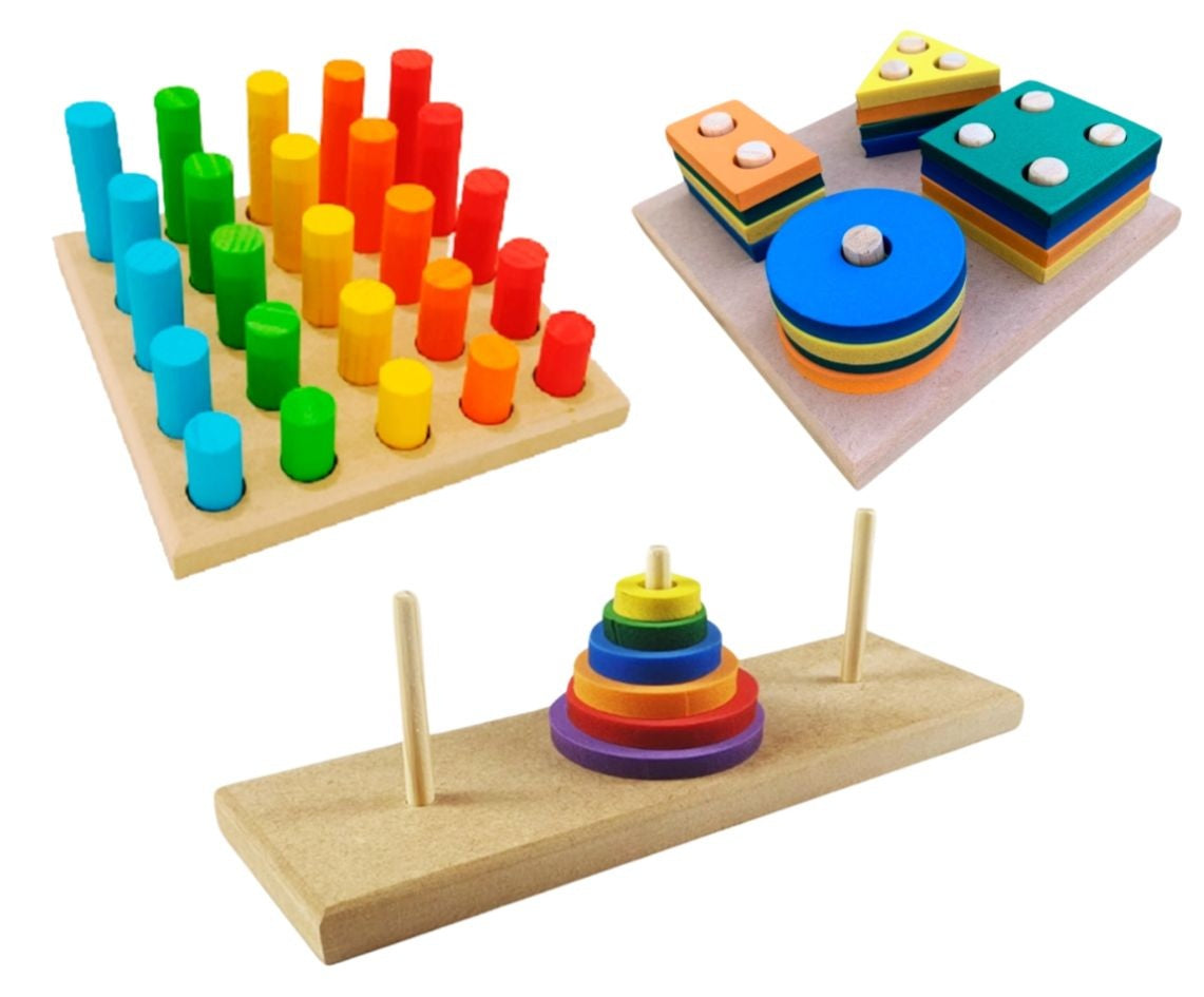 Kit 3 Brinquedos Educativo Infantil em Madeira e EVA Pedagógico Lúdico