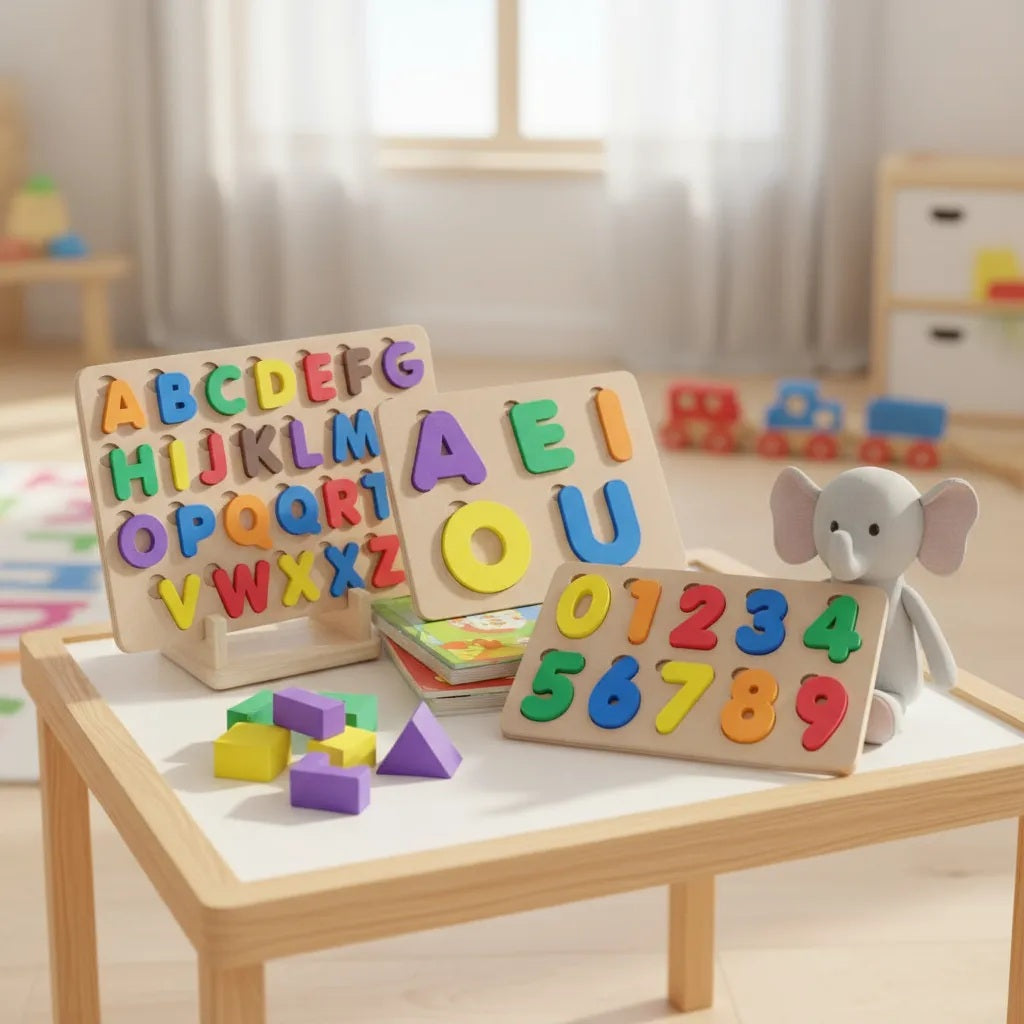 Kit 3 Tabuleiros Alfabeto Numerais e Vogais Brinquedo Educativo Infantil em Made