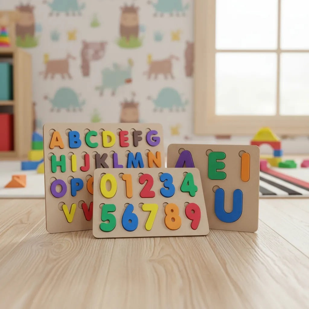 Kit 3 Tabuleiros Alfabeto Numerais e Vogais Brinquedo Educativo Infantil em Made