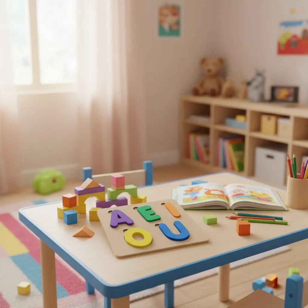 Tabuleiro Vogais base e 5 letras em Madeira e EVA Pedaógico Educativo