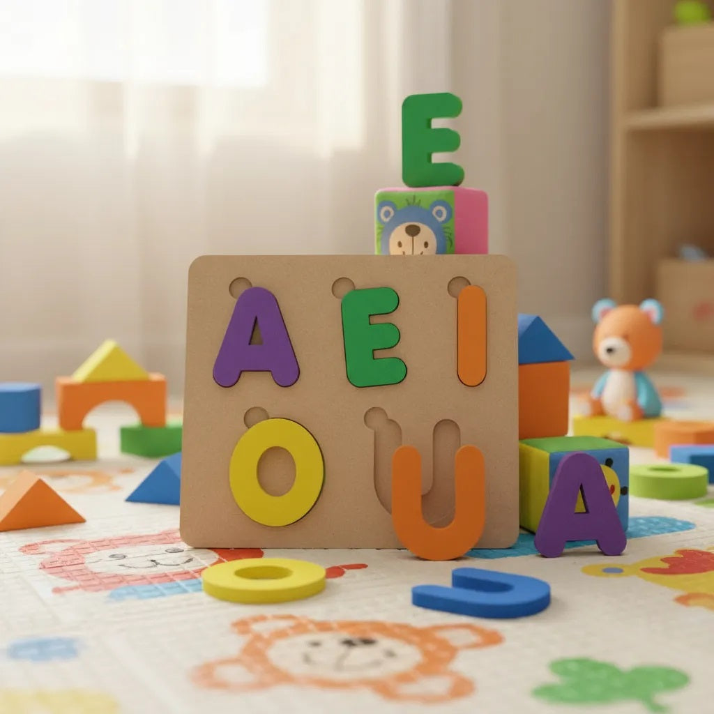 Tabuleiro Vogais base e 5 letras em Madeira e EVA Pedaógico Educativo