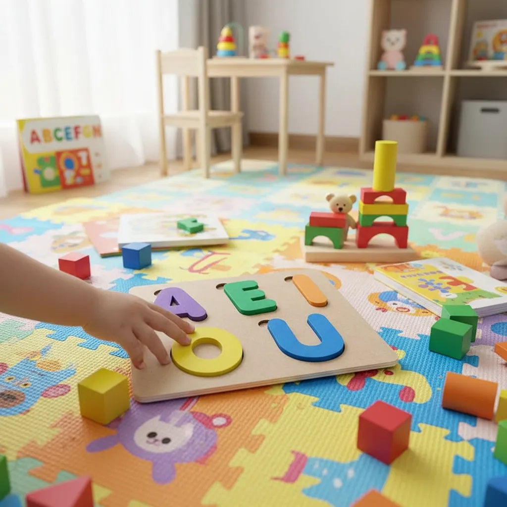 Tabuleiro Vogais base e 5 letras em Madeira e EVA Pedaógico Educativo