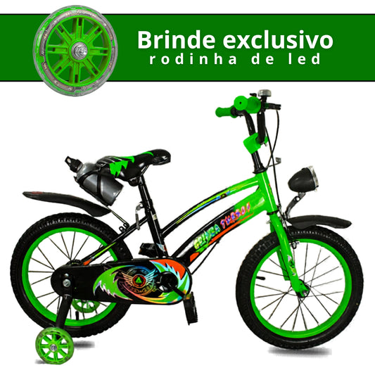 Bicicleta Infantil Aro 16 Old School Verde 4 a 8 Anos LED + Pneu Grosso + Farol
